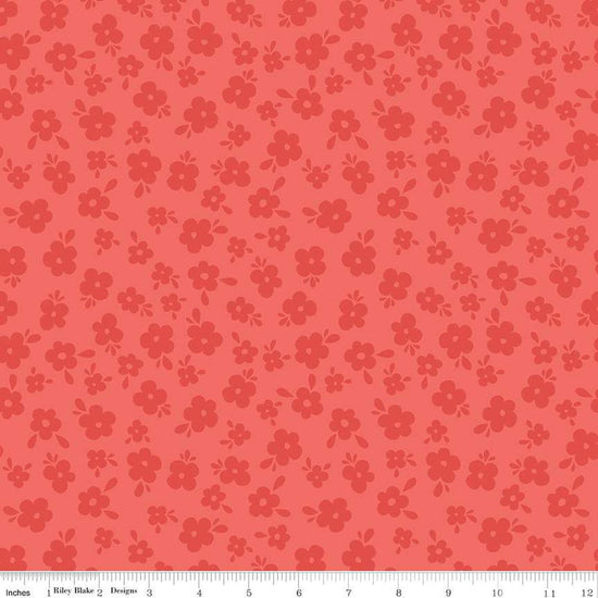 Image of the Stay Wild Tone-on-Tone Rouge quilting cotton fabric by Amanda Niederhauser by Riley Blake Designs. Features tone-on-tone blossoms on a pink orange background. 
Cute Little Fabric Shop