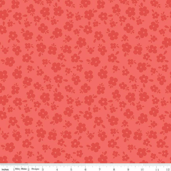 Image of the Stay Wild Tone-on-Tone Rouge quilting cotton fabric by Amanda Niederhauser by Riley Blake Designs. Features tone-on-tone blossoms on a pink orange background. 
Cute Little Fabric Shop