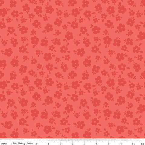 Image of the Stay Wild Tone-on-Tone Rouge quilting cotton fabric by Amanda Niederhauser by Riley Blake Designs. Features tone-on-tone blossoms on a pink orange background. 
Cute Little Fabric Shop