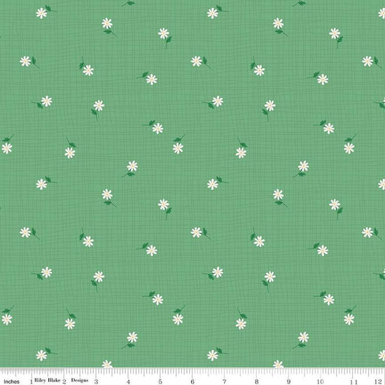 Image of the Stay Wild Grid Flowers Leaf quilting cotton fabric by Amanda Niederhauser by Riley Blake Designs. Features scattered small flowers on a medium green background. 
Cute Little Fabric Shop