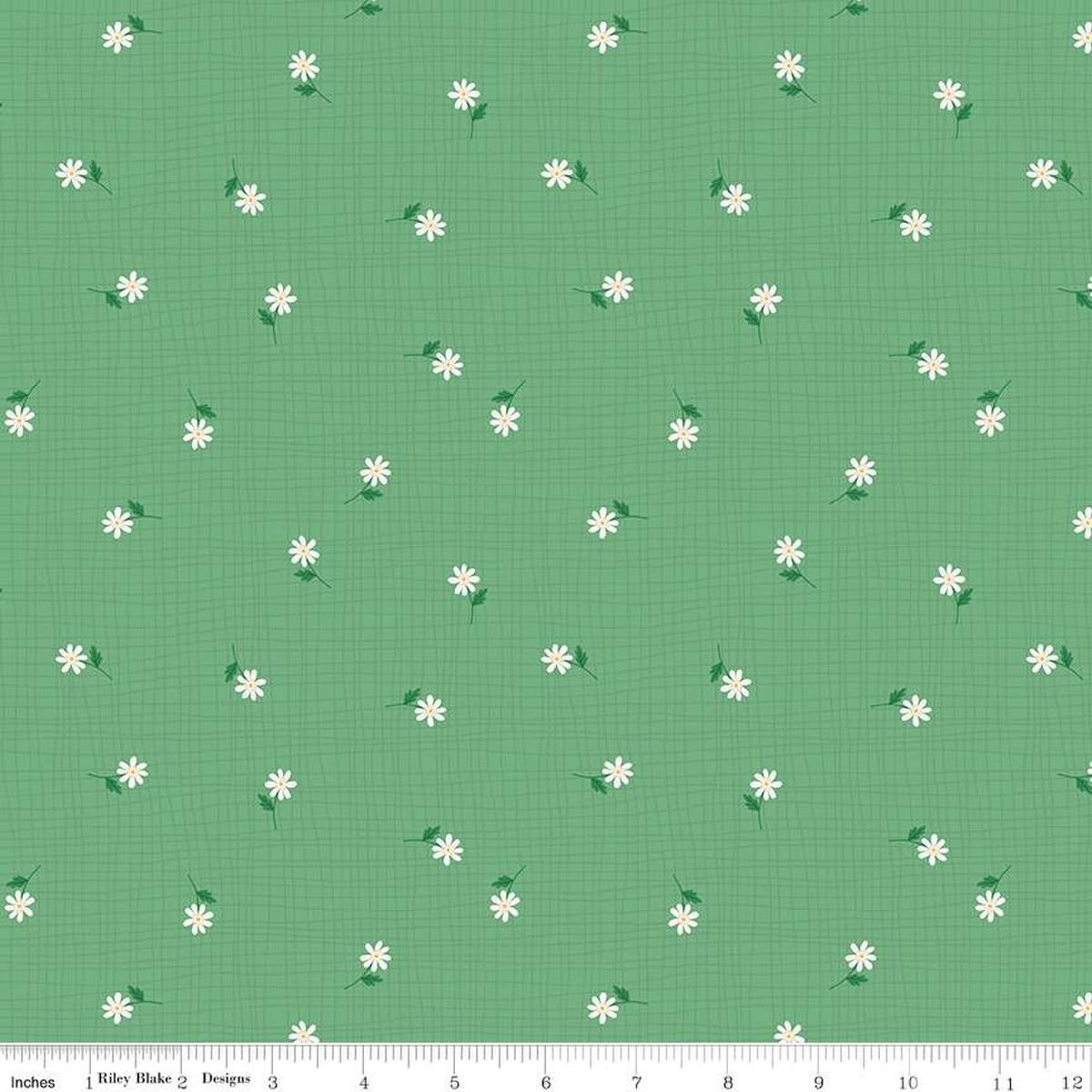 Image of the Stay Wild Grid Flowers Leaf quilting cotton fabric by Amanda Niederhauser by Riley Blake Designs. Features scattered small flowers on a medium green background. 
Cute Little Fabric Shop