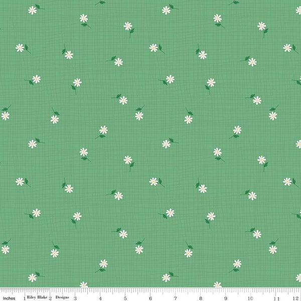 Image of the Stay Wild Grid Flowers Leaf quilting cotton fabric by Amanda Niederhauser by Riley Blake Designs. Features scattered small flowers on a medium green background. 
Cute Little Fabric Shop