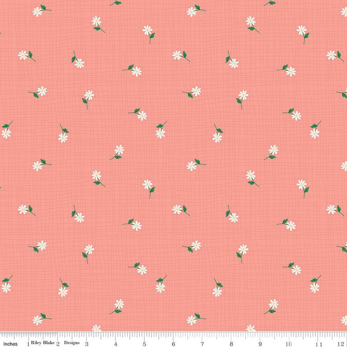 Image of the Stay Wild Grid Flowers Coral quilting cotton fabric by Amanda Niederhauser by Riley Blake Designs. Features scattered small flowers on a light pink background. 
Cute Little Fabric Shop