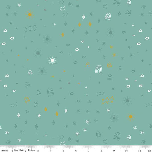 Image of the Stay Wild Boho Things Teal Sparkle quilting cotton fabric by Amanda Niederhauser by Riley Blake Designs. Features rainbows, suns, and diamonds on a teal blue background. 
Cute Little Fabric Shop