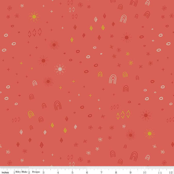 Image of the Stay Wild Boho Things Rouge Sparkle quilting cotton fabric by Amanda Niederhauser by Riley Blake Designs. Features rainbows, suns, and diamonds on a red orange background. 
Cute Little Fabric Shop