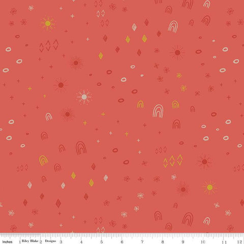 Image of the Stay Wild Boho Things Rouge Sparkle quilting cotton fabric by Amanda Niederhauser by Riley Blake Designs. Features rainbows, suns, and diamonds on a red orange background. 
Cute Little Fabric Shop