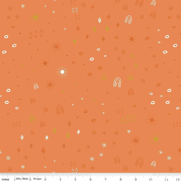 Image of the Stay Wild Boho Things Marmalade Sparkle quilting cotton fabric by Amanda Niederhauser by Riley Blake Designs. Features rainbows, suns, and diamonds on an orange background. 
Cute Little Fabric Shop