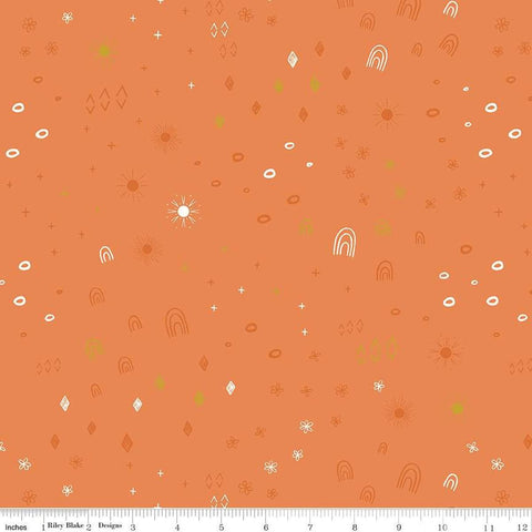 Image of the Stay Wild Boho Things Marmalade Sparkle quilting cotton fabric by Amanda Niederhauser by Riley Blake Designs. Features rainbows, suns, and diamonds on an orange background. 
Cute Little Fabric Shop