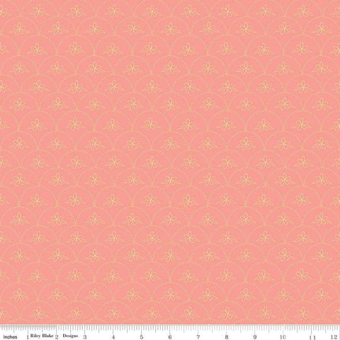 Image of the Stay Wild Baptist Fan Coral quilting cotton fabric by Amanda Niederhauser by Riley Blake Designs. Features  a scalloped pattern with a flower on a pink orange coral background. 
Cute Little Fabric Shop