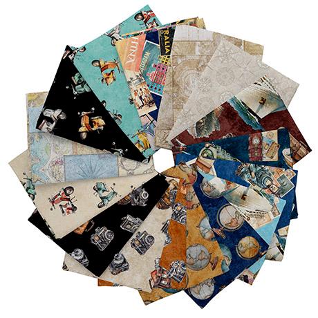 Image of the Globetrotter quilting cotton fabric fat quarter bundle. Features one fat quarter of each fabric from the globetrotter collection, centered around vintage trotter.
Cute Little Fabric Shop