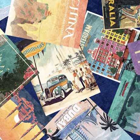 Image of the Globetrotter Travel Posters Navy quilting cotton fabric by QT Fabrics. Features posters of various locations on a dark blue background. 
Cute Little Fabric Shop