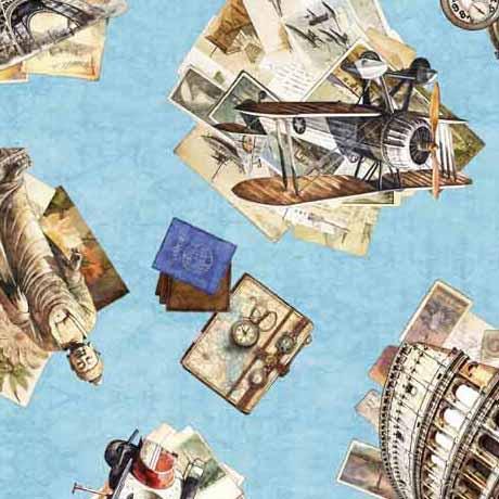 Image of the Globetrotter Travel Icons Collage Blue quilting cotton fabric by QT Fabrics. Features travel icons, such as planes, maps, ships, and globes with maps on a light blue background. 
Cute Little Fabric Shop