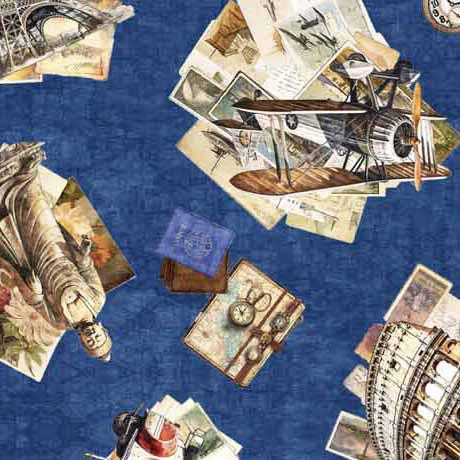 Image of the Globetrotter Travel Icons Collage Navy quilting cotton fabric by QT Fabrics. Features travel icons, such as planes, maps, ships, and globes with maps on a dark blue background. 
Cute Little Fabric Shop