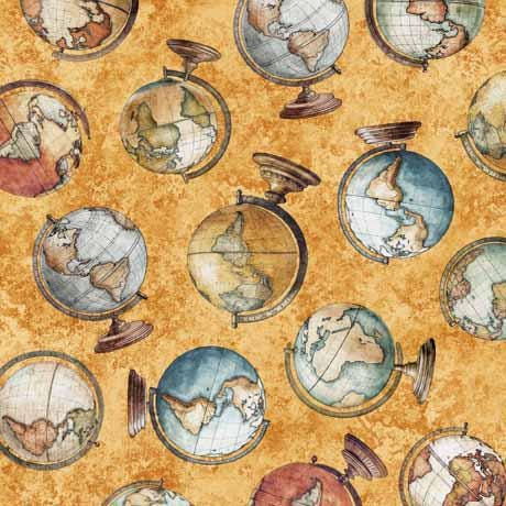 Image of the Globetrotter Globes Apricot quilting cotton fabric by QT Fabrics. Features globes on a light orange yellow background. 
Cute Little Fabric Shop