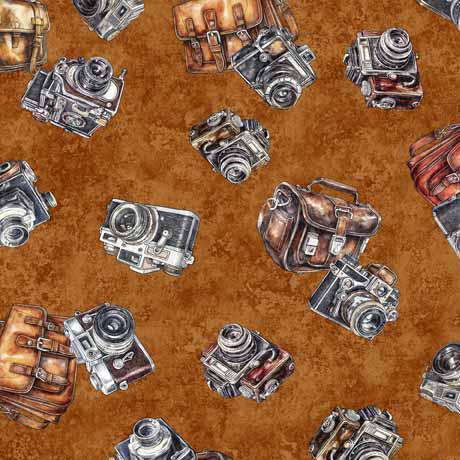 Image of the Globetrotter Cameras Brown quilting cotton fabric by QT Fabrics. Features vintage cameras on a brown background. 
Cute Little Fabric Shop