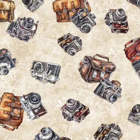 Image of the Globetrotter Cameras Parchment quilting cotton fabric by QT Fabrics. Features vintage cameras on a light cream background. 
Cute Little Fabric Shop