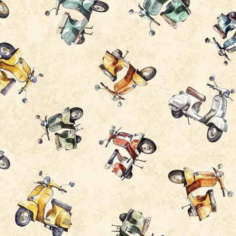 Image of the Globetrotter Scooters Cream quilting cotton fabric by QT Fabrics. Features vintage scooters on a light cream background. 
Cute Little Fabric Shop