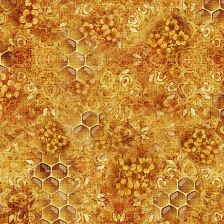 Image of the Queen Bee Honeycomb Blender Honey quilting cotton fabric by QT Fabrics. Features honeycomb and flowers on a light honey orange background. 
Cute Little Fabric Shop