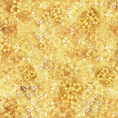 Image of the Queen Bee Honeycomb Blender Butter quilting cotton fabric by QT Fabrics. Features honeycomb and flowers on a light yellow background. 
Cute Little Fabric Shop