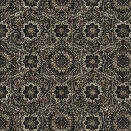 Image of the Queen Bee Flower Medallion Charcoal quilting cotton fabric by QT Fabrics. Features geometric flower medallions on a dark grey background. 
Cute Little Fabric Shop