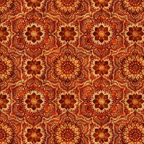 Image of the Queen Bee Flower Medallion Spice quilting cotton fabric by QT Fabrics. Features geometric flower medallions on a dark red orange background. 
Cute Little Fabric Shop