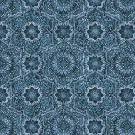 Image of the Queen Bee Flower Medallion Denim Wide Back quilting cotton wide back fabric by QT Fabrics. Features geometric flowers on a blue background. 
Cute Little Fabric Shop