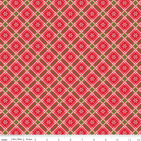 14" End of Bolt - Winter Wonder Plaid C12067 Red - Riley Blake Designs - Christmas Diagonal White Snowflakes - Quilting Cotton Fabric
