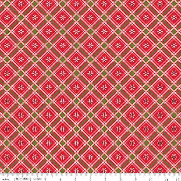 14" End of Bolt - Winter Wonder Plaid C12067 Red - Riley Blake Designs - Christmas Diagonal White Snowflakes - Quilting Cotton Fabric