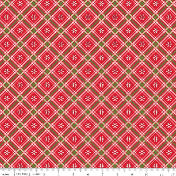 Winter Wonder Plaid C12067 Red - Riley Blake Designs - Christmas Diagonal White Snowflakes - Quilting Cotton Fabric