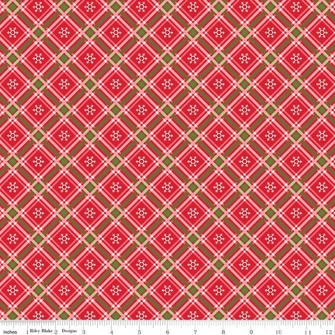 Winter Wonder Plaid C12067 Red - Riley Blake Designs - Christmas Diagonal White Snowflakes - Quilting Cotton Fabric