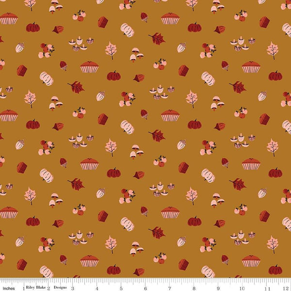 SALE Maple Harvest C12473 Gold - Riley Blake Designs - Pumpkins Leaves Pies Acorns Apples Mushrooms - Quilting Cotton Fabric