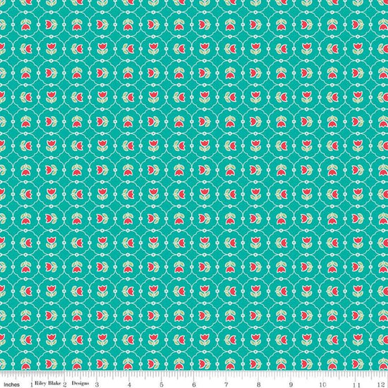 Image of the Vintage Happy 2 Tulips Vivid quilting cotton fabric by Lori Holt for Riley Blake Designs. Features a geometric pattern with circles encasing tulips. 
Cute Little Fabric Shop