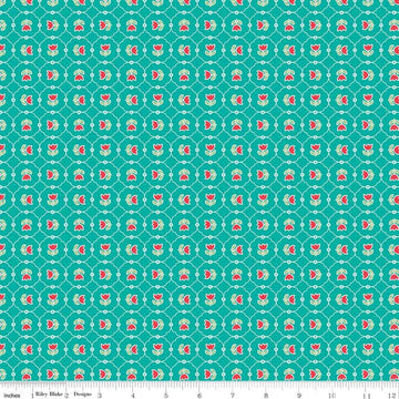 Image of the Vintage Happy 2 Tulips Vivid quilting cotton fabric by Lori Holt for Riley Blake Designs. Features a geometric pattern with circles encasing tulips. 
Cute Little Fabric Shop