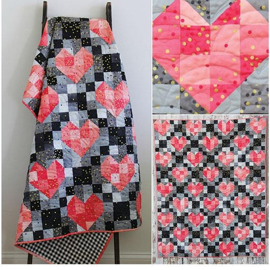 Image of the Heart Strings quilt pattern by Moda Fabrics. Features 4 different styles of a quilt pattern with hearts. 
Cute Little Fabric Shop