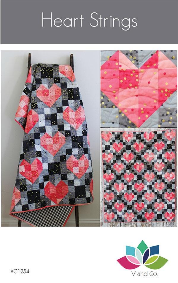Image of the Heart Strings quilt pattern by Moda Fabrics. Features 4 different styles of a quilt pattern with hearts. 
Cute Little Fabric Shop