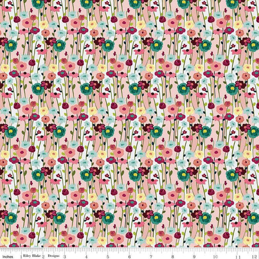 Image of the Fragrant Fields Flowers Blush quilting cotton fabric by Lila Tueller for Riley Blake Designs. Features flowers on a light pink background. 
Cute Little Fabric Shop
