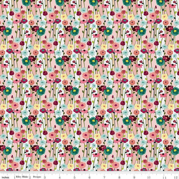 Image of the Fragrant Fields Flowers Blush quilting cotton fabric by Lila Tueller for Riley Blake Designs. Features flowers on a light pink background. 
Cute Little Fabric Shop