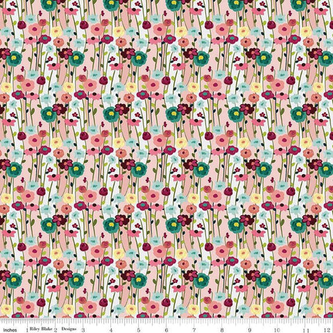 Image of the Fragrant Fields Flowers Blush quilting cotton fabric by Lila Tueller for Riley Blake Designs. Features flowers on a light pink background. 
Cute Little Fabric Shop