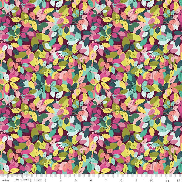 Image of the Fragrant Fields Leaves Maroon quilting cotton fabric by Lila Tueller for Riley Blake Designs. Features leaves on a dark pink purple background. 
Cute Little Fabric Shop