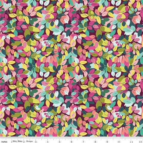 Image of the Fragrant Fields Leaves Maroon quilting cotton fabric by Lila Tueller for Riley Blake Designs. Features leaves on a dark pink purple background. 
Cute Little Fabric Shop