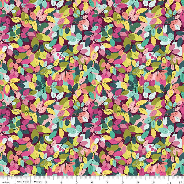 Image of the Fragrant Fields Leaves Maroon quilting cotton fabric by Lila Tueller for Riley Blake Designs. Features leaves on a dark pink purple background. 
Cute Little Fabric Shop