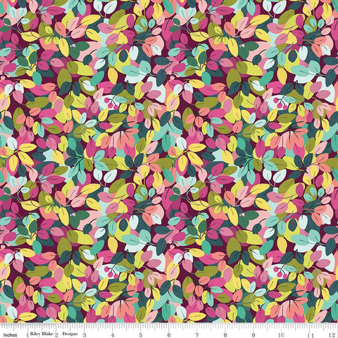 Image of the Fragrant Fields Leaves Maroon quilting cotton fabric by Lila Tueller for Riley Blake Designs. Features leaves on a dark pink purple background. 
Cute Little Fabric Shop
