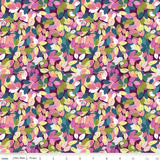 Image of the Fragrant Fields Leaves Eggplant quilting cotton fabric by Lila Tueller for Riley Blake Designs. Features leaves on a dark purple background. 
Cute Little Fabric Shop