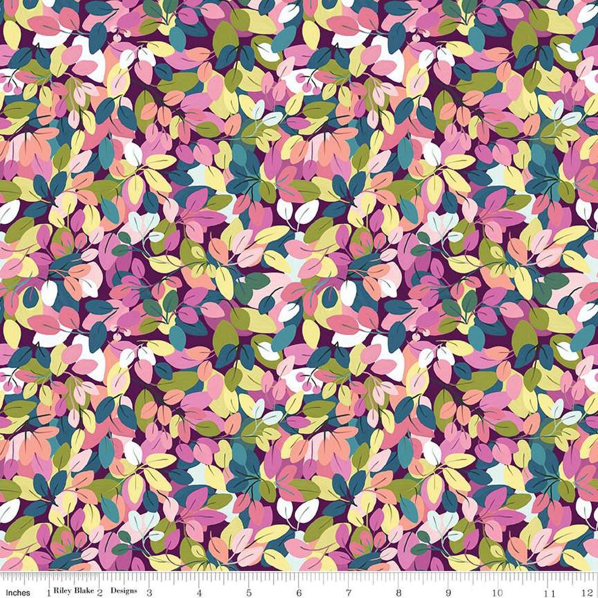 Image of the Fragrant Fields Leaves Eggplant quilting cotton fabric by Lila Tueller for Riley Blake Designs. Features leaves on a dark purple background. 
Cute Little Fabric Shop