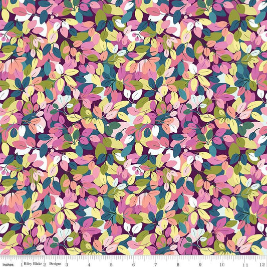 Image of the Fragrant Fields Leaves Eggplant quilting cotton fabric by Lila Tueller for Riley Blake Designs. Features leaves on a dark purple background. 
Cute Little Fabric Shop