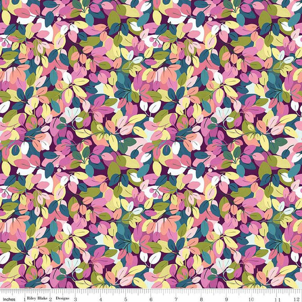 Image of the Fragrant Fields Leaves Eggplant quilting cotton fabric by Lila Tueller for Riley Blake Designs. Features leaves on a dark purple background. 
Cute Little Fabric Shop