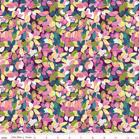 Image of the Fragrant Fields Leaves Eggplant quilting cotton fabric by Lila Tueller for Riley Blake Designs. Features leaves on a dark purple background. 
Cute Little Fabric Shop