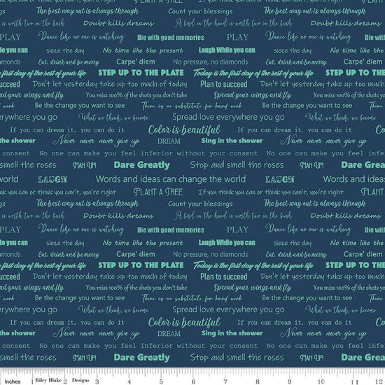 Image of the Fragrant Fields Script Navy quilting cotton fabric by Lila Tueller for Riley Blake Designs. Features positive phrases on a dark blue background. 
Cute Little Fabric Shop