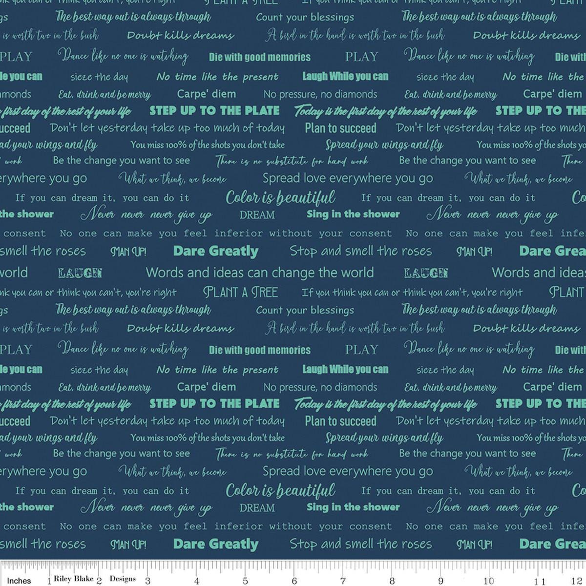 Image of the Fragrant Fields Script Navy quilting cotton fabric by Lila Tueller for Riley Blake Designs. Features positive phrases on a dark blue background. 
Cute Little Fabric Shop