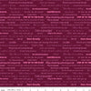 Image of the Fragrant Fields Script Maroon quilting cotton fabric by Lila Tueller for Riley Blake Designs. Features positive phrases on a dark pink purple background. 
Cute Little Fabric Shop
